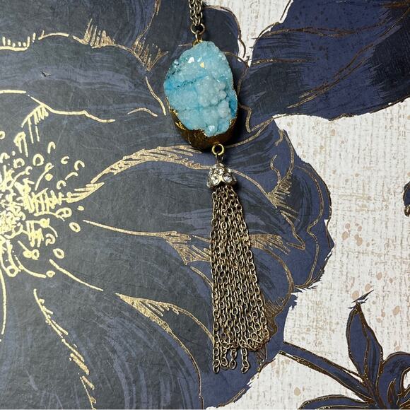 Estate Blue Dyed Quartz Pendant and Gold Tassel Chain Necklace D3 - Picture 8 of 9